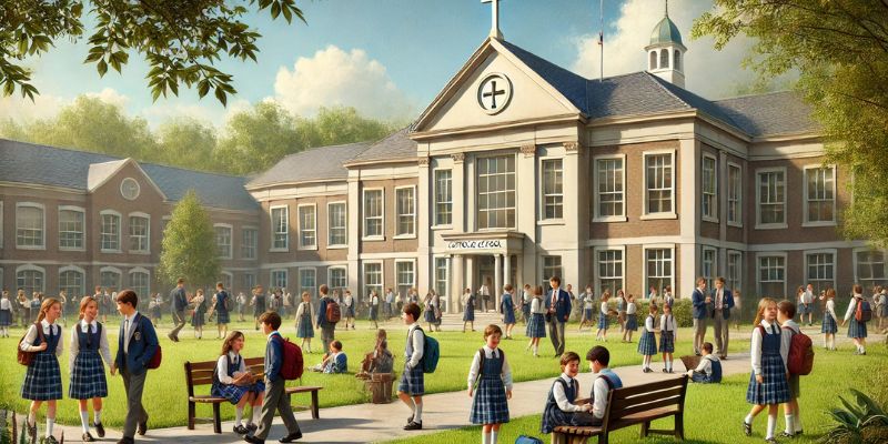 A Catholic school building or students in front of a cross, representing faith-based education.