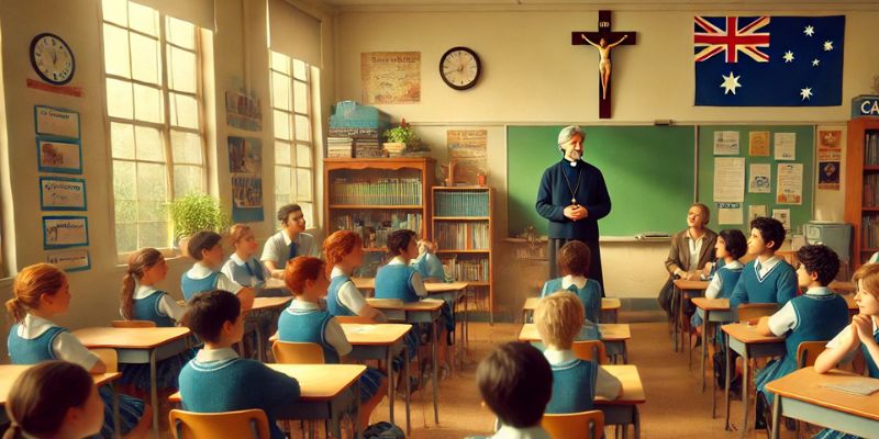 A classroom scene in a Catholic school where students and a teacher are engaged in a respectful discussion