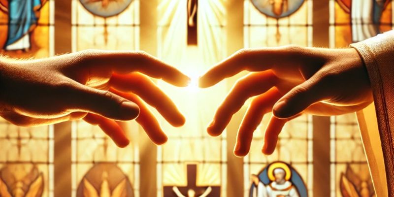 A close-up of hands gently clasped in a gesture of mutual respect, with a soft glow or stained-glass window