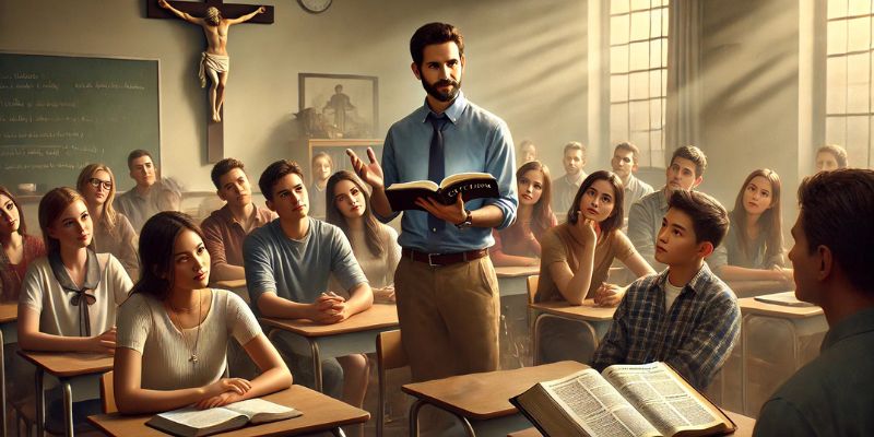 A teacher leading a discussion with students using an open Bible or Catechism.